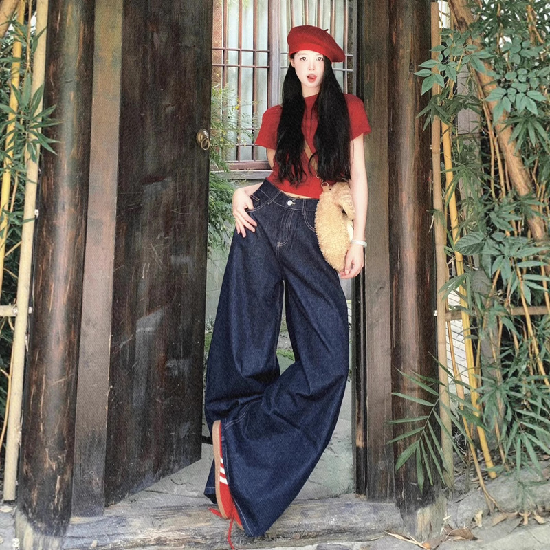 175 Tall Extra Long 180 Retro Dark Blue Jeans Women's Summer High Waist Loose Draped Wide Leg Floor Mopping Pants