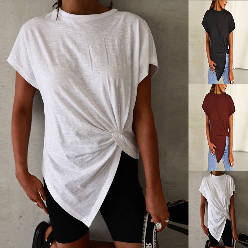 summer solid color asymmetrical short sleeve T-shirt with a round…