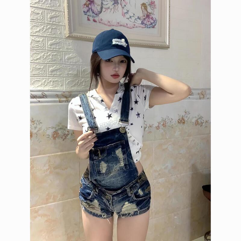 Detachable Multi-Wear Washed Frayed Ultra-Short Denim Overalls for Women American Hot Girl Era A-Line Hip-Hugging Jumpsuit