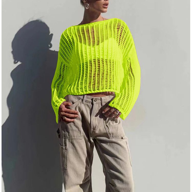 2024 verano transfronterizo comercio exterior de Amazon blusa de gancho de mano playa suéter de punto de vacaciones hueco camisa de protección solar de manga larga para mujer