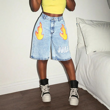 X现货65939跨境欧美亚马逊马裤时尚火焰印花字母女装五分牛仔短裤