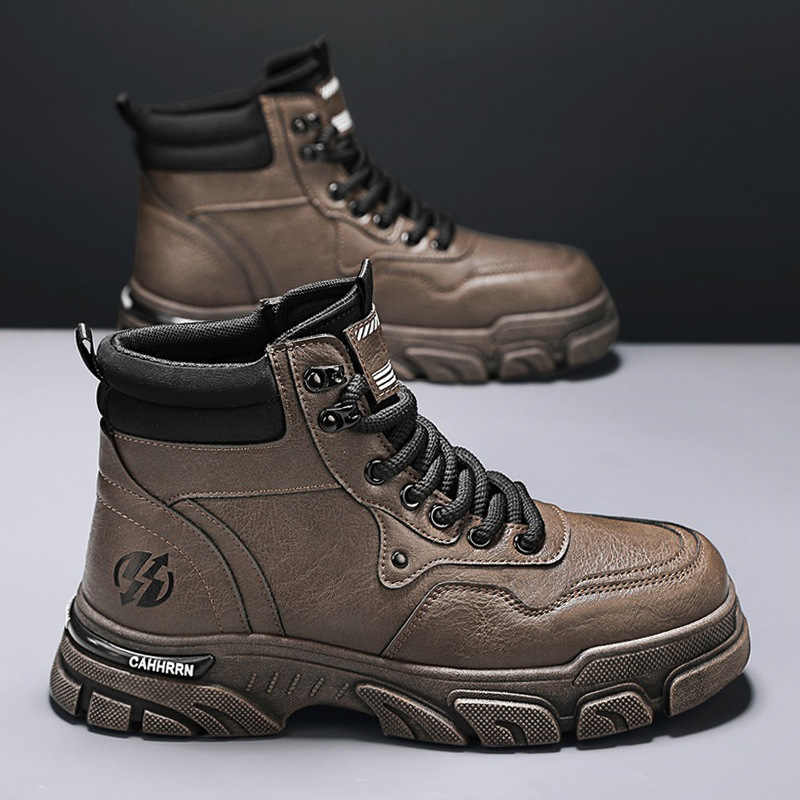 Botas de cuero para hombre de otoño e invierno moda nuevo estilo punta redonda aumento de cordones deportes al aire libre locomotora ruibarbo botas Martin botas para hombre