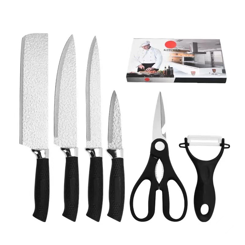 Juego de seis piezas con patrón de martillo al por mayor, mango de malla de acero inoxidable, cuchillo de cocina, cuchillo de chef, cuchillo de corte, juego de cuchillos cepillados