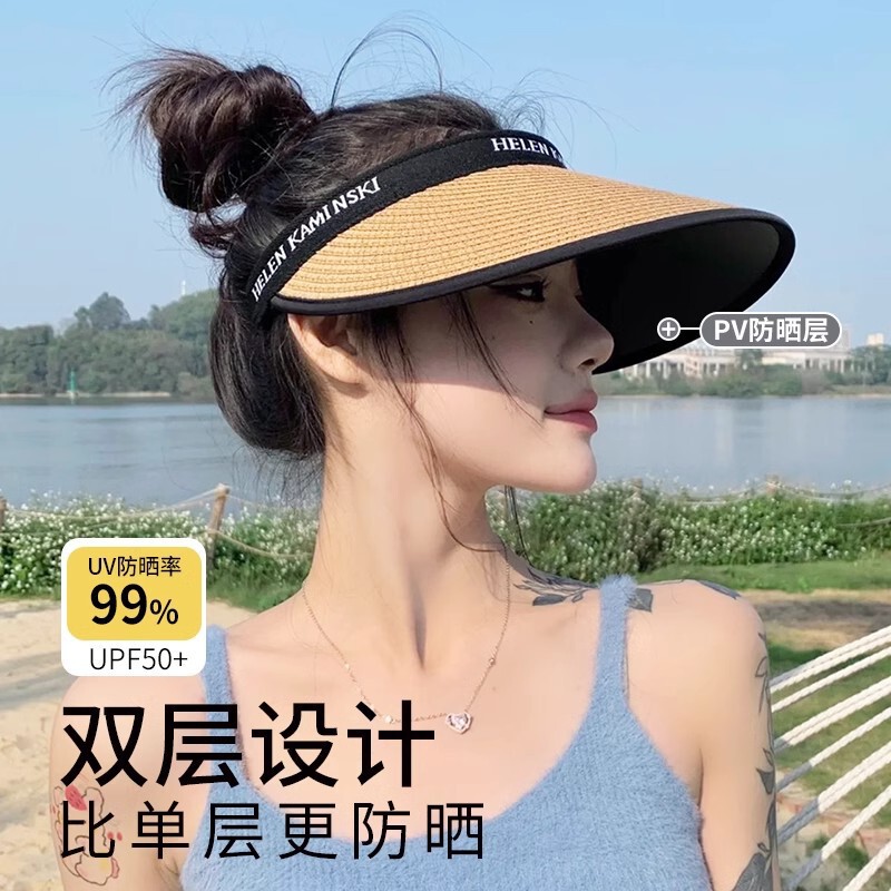 Double-Sided Uv Sun Hat for Women New Summer Anti-Uv Large Brim Sun Hat Letter Straw Empty Top Sun Hat