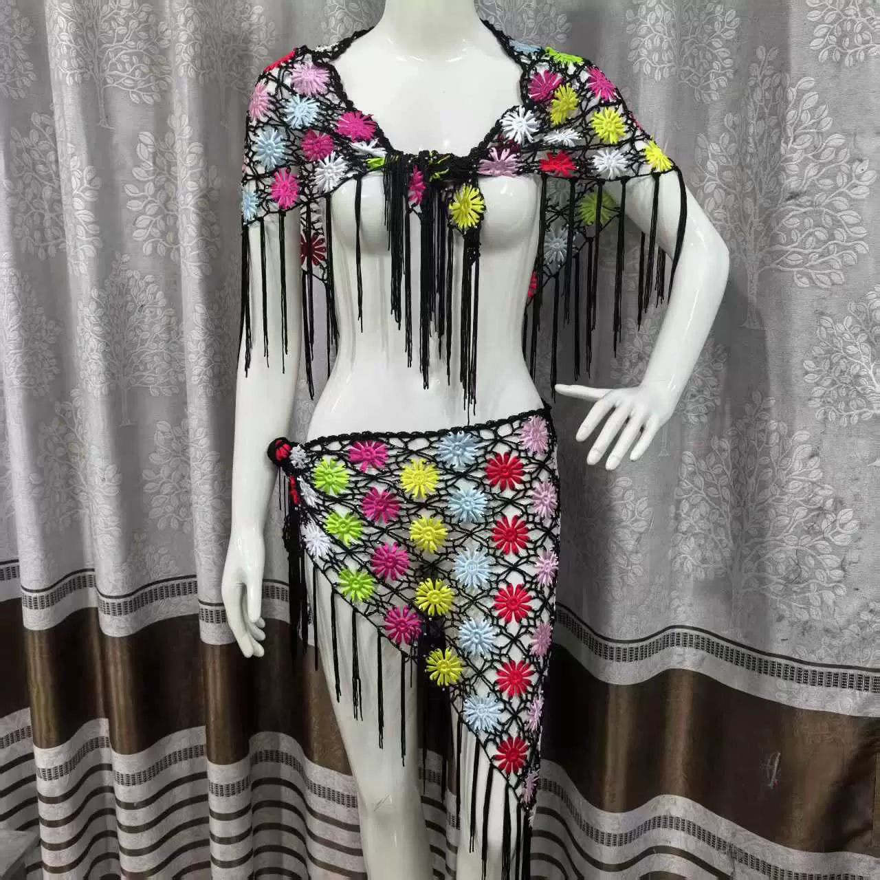 潮汕手钩花礼服配饰沙滩防晒流苏披肩斗篷彩色三角巾围巾腰巾臀巾