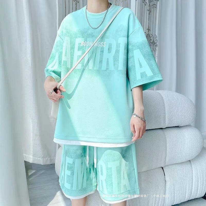 Teenager English Short-sleeved T-shirt with Shorts Fashion Brand Summer plus size Handsome Casual Sports suit Men