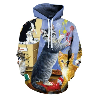 欧美秋冬款 动物猫咪3D数码印花宽松 休闲运动连帽卫衣 厂家 批发
