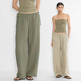 老钱风亚麻阔腿裤女春长裤子松紧腰垂感麻料休闲裤宽松棉麻直筒裤