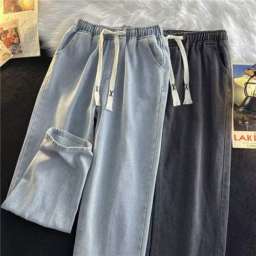 Relaxed-fit waist denim jeans for men - Spring and Summer wide-leg floor-length pants for men - Fashion loose straight-leg wide-leg blue long pants
