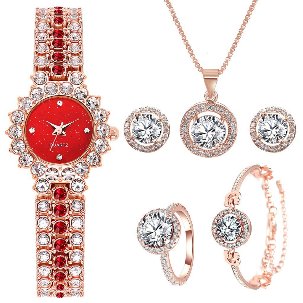 Montre classique à petit cadran avec ciel étoilé et diamants pour femme, ensemble de cinq pièces élégant et tendance de style coréen_voghion.com