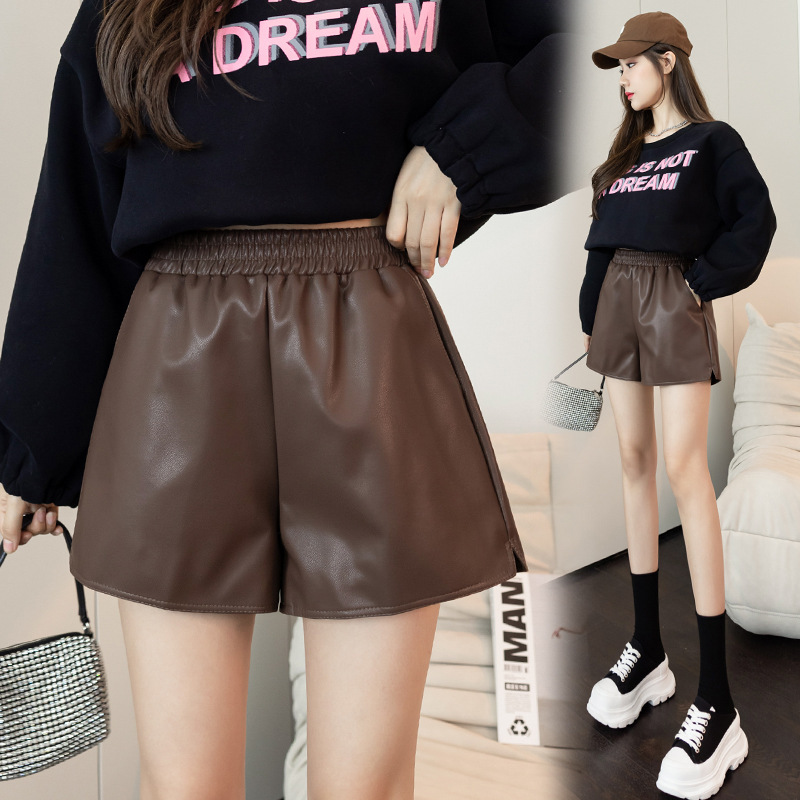 2023 Autumn and Winter New Leather Shorts Women's chubby girl plus size Wide Pants High Waist Slimming Leather Pants Casual Outwear Pants
