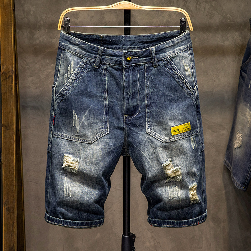 Summer Thin Ripped Five-point Denim Shorts Men's Loose Straight Trendy Large Size Medium Trousers Men's Tooling Trendy Brand