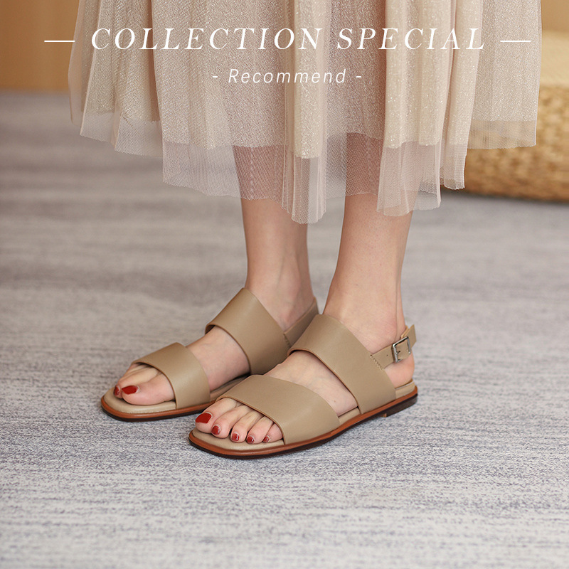 Sandal nữ quai ngang đế bệt phong cách La Mã hở ngón mùa hè — Màu be chi tiết 3