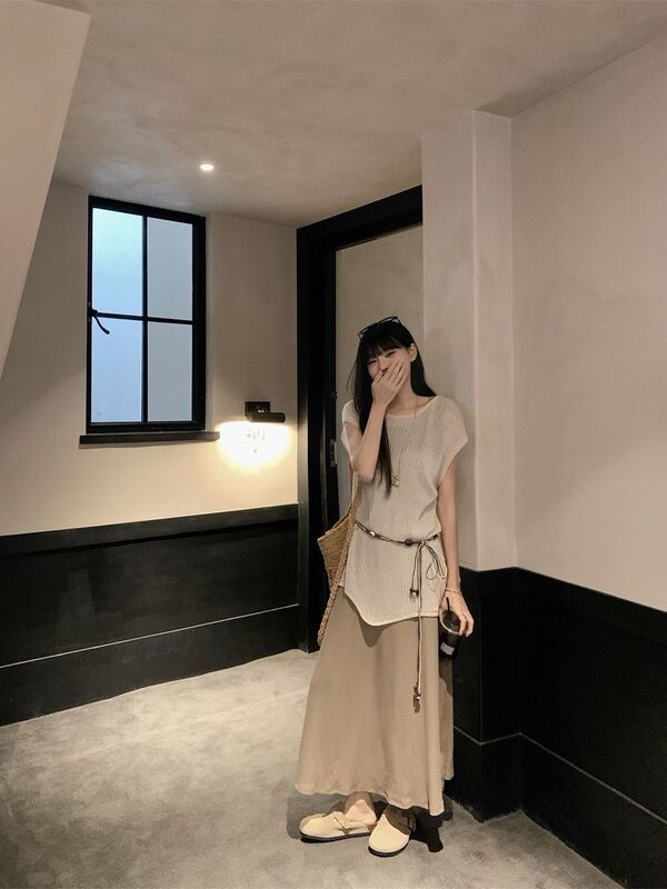 简约复古套装女夏季新款休闲慵懒风针织罩衫纯色背心连衣裙两件套|undefined
