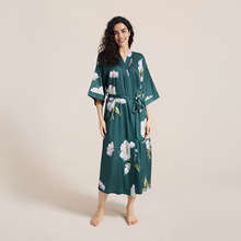 耀婷缎面印花睡衣女夏大码轻奢七分袖凉感长款睡袍家居服女WP2669