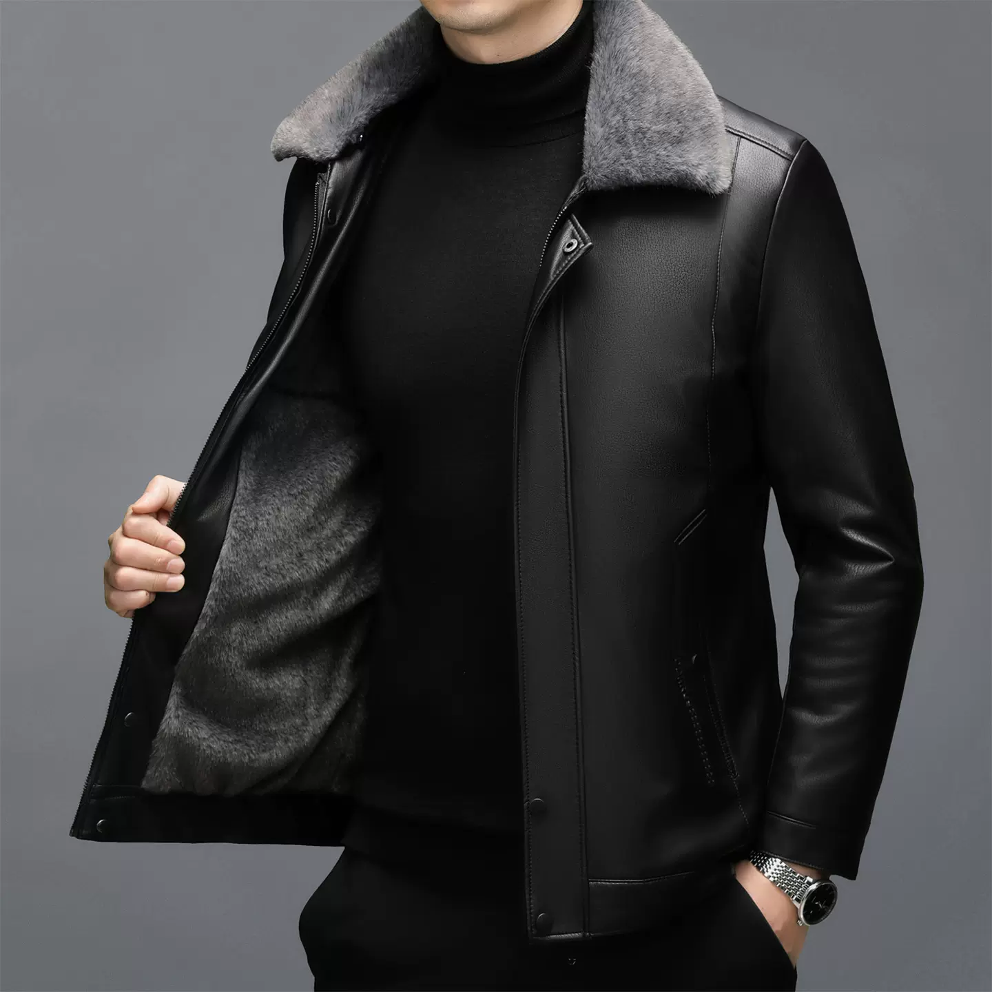 海宁羊皮羽绒服中年男士真皮皮衣冬季新款加厚保暖翻领皮夹克外套