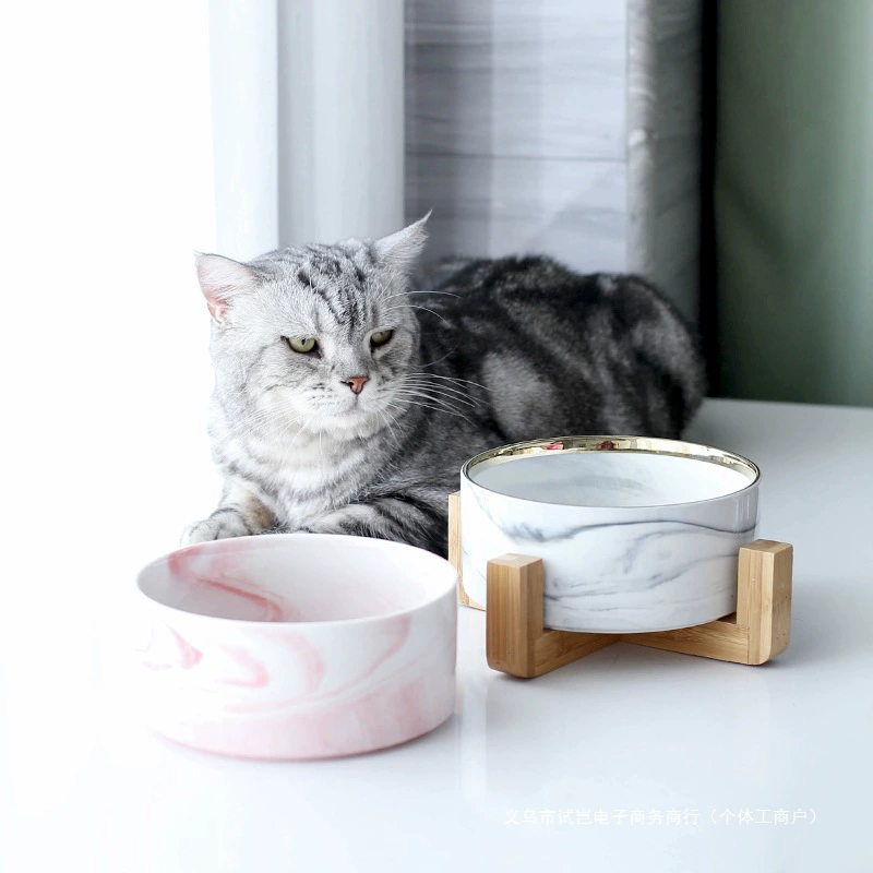 Керамическая миска для кота с двумя отделениями, миска для зерен кота, защита шейного отдела позвоночника, против опрокидывания, для питья воды кошка и собака, подставка из твёрдого дерева, товары для животных