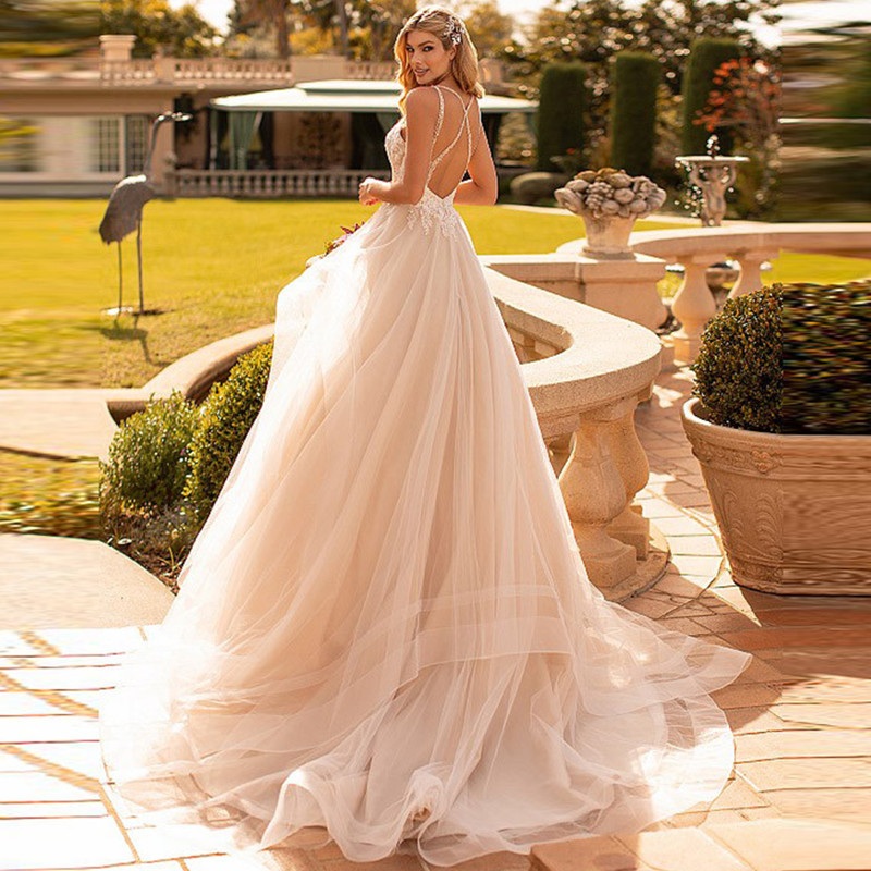 Vestido DE NOVIA DE DOBLE hombro fino 2024 nueva primavera nupcial profundo cuello en V encaje SLIM-Fit de lujo esponjoso vestido de novia