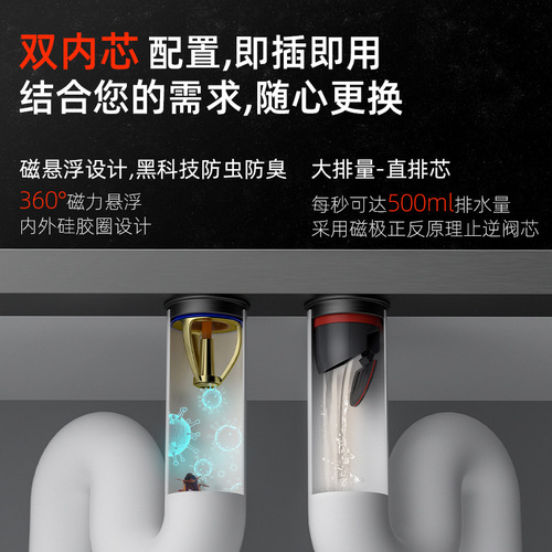 Full-copper magnetic levitation odor-proof high-flow dual-core bathroom anti-clog invisible floor drain with brick-inlay pest prevention