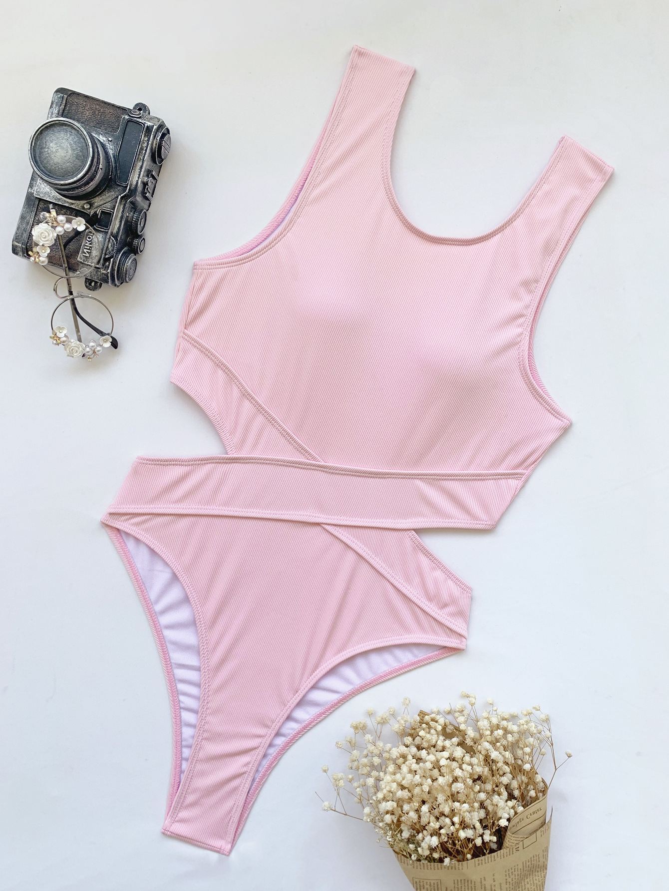 Solid Color Sling Waist Hollow One-Piece Swimsuit NSCSM112658