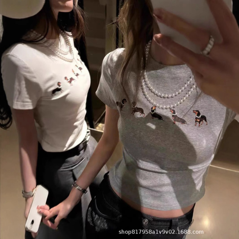 Jennie Same Style Weenie Puppy Shoulder Short-sleeved T-shirt Women's Summer 2025 New Slim-fit Short Hot Girl Top Jennie Same Style Weenie Puppy Shoulder Short-sleeved T-shirt Women's Summer 2025 New Slim-fit Short Hot Girl Top