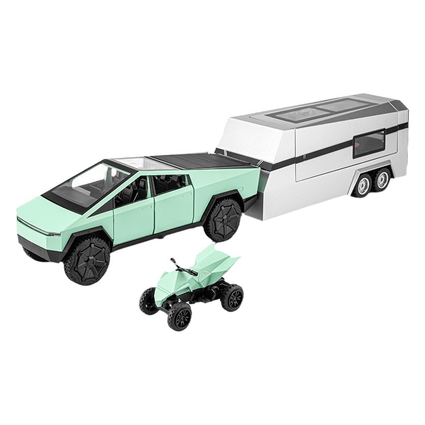 Modelo de coche de aleación de coche 1:32 Tesla pickup remolque RV tire hacia atrás con sonido y luz modelo de coche de juguete adornos