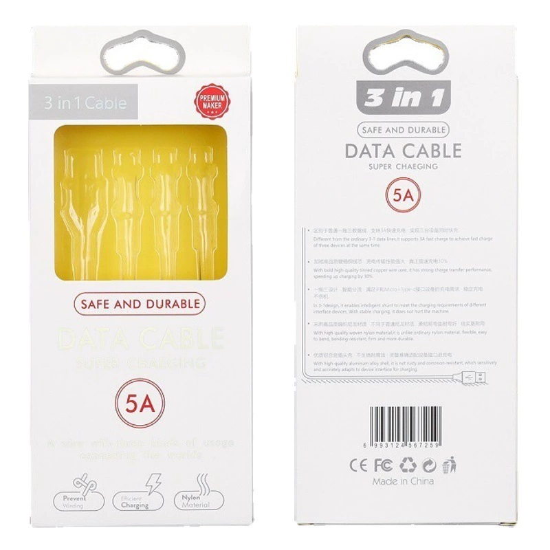 Новое в наличии 3A Быстрая зарядка один перетащите три кабеля для передачи данных цветная коробка 5A Быстрая зарядка линия три-в-одном круглая упаковочная коробка