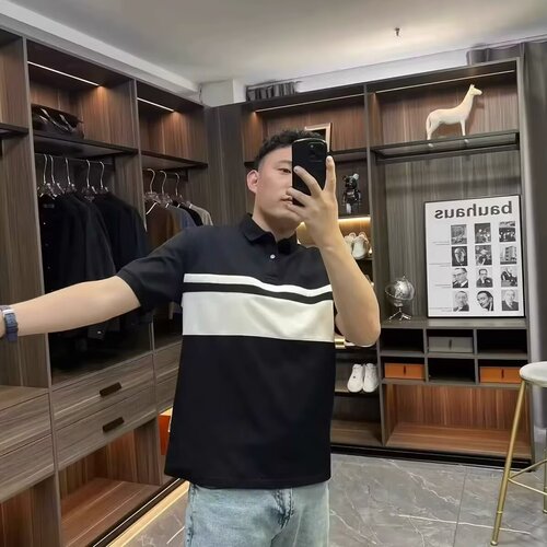 Summer New Men's Collar Striped POLO Loose Casual Color-blocked Short-sleeve T-shirt Simple Fashion Design Top