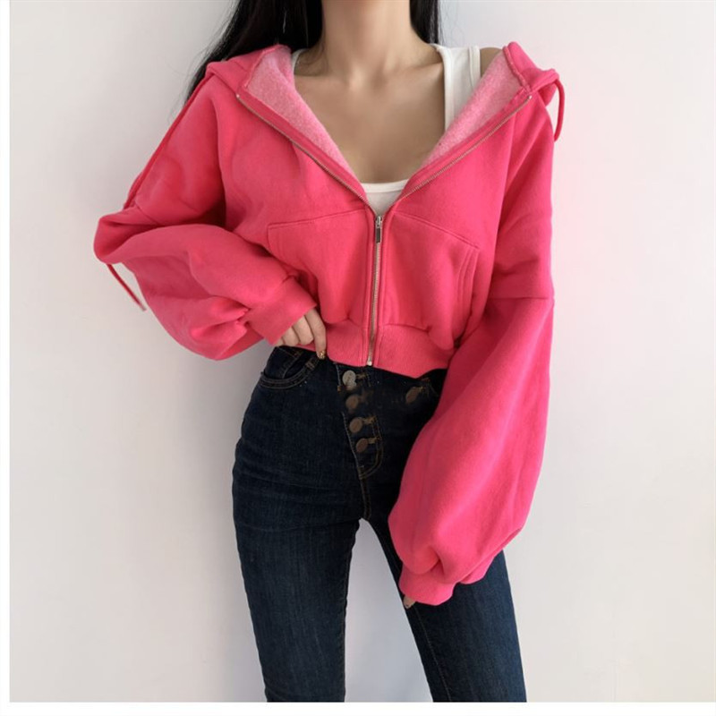 2026 Spring/Autumn New Style Fleece-Lined Solid Color Fashion Hooded High-Waisted Short Zipper Cardigan Sweatshirt Cardigan Jacket Women's Trendy