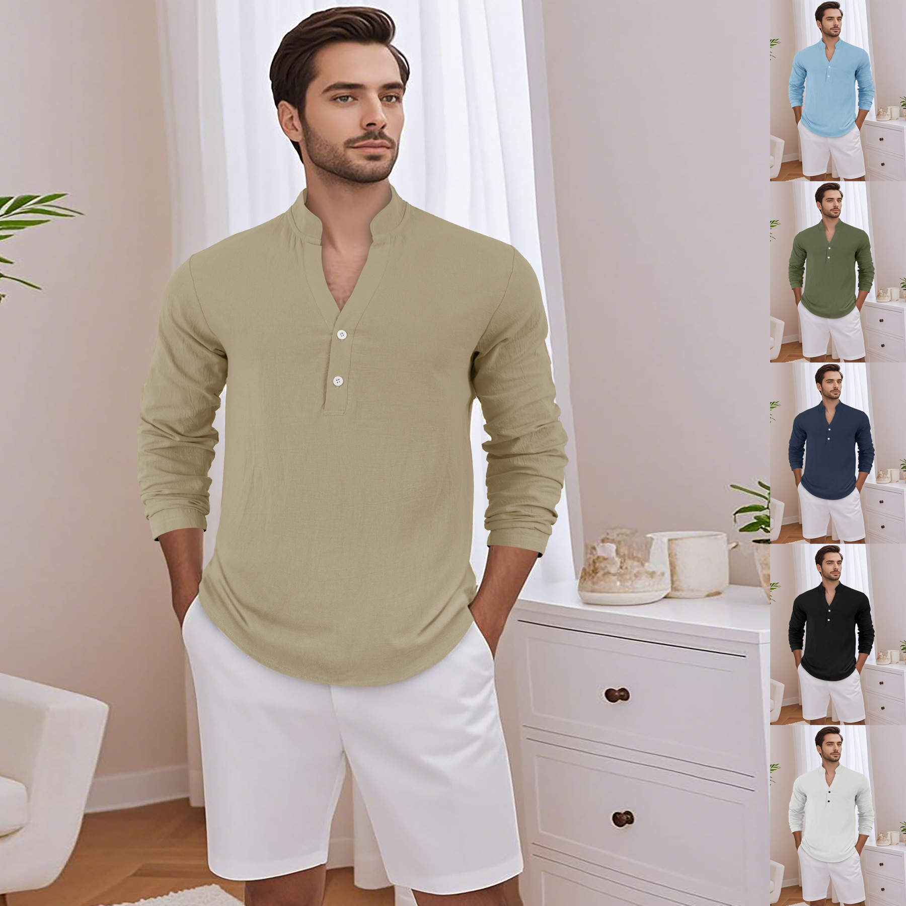 Estación independiente transfronteriza lino americano primavera venta caliente hombre relajado ocio transpirable V-cuello Henry camiseta de manga larga camiseta hombre