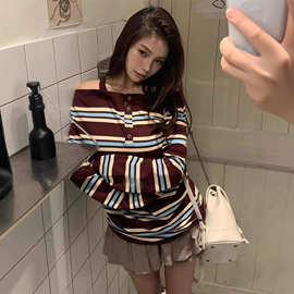 甜酷辣妹风长袖T恤女秋新款撞色条纹修身显瘦打底衫百搭休闲上衣