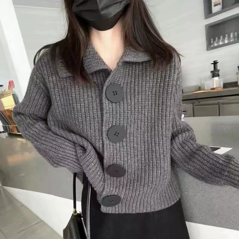 定制款 猫宁秋冬新款翻领纯色针织外套休闲慵懒风 毛衣女宽松开衫