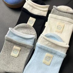 春夏新品靴下レディースダブルロー口ブルーグレーボタン布タグベアかわいい韓国系インスタファッション靴下綿ミドルソックス