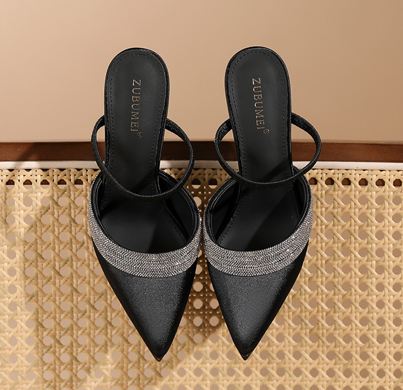 Sandal cao gót nữ mũi nhọn đính đá, quai một dây ngang, đế platform, gót nhọn 10 cm — Champagne-10cm chi tiết 9