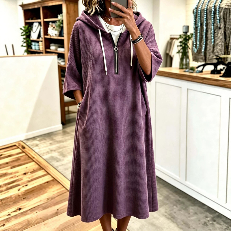 In-Stock Autumn New European and American Style Cross-Border Hooded Mid-Sleeve Loose Solid Color Lazy Pullover Long Dress Versatile Casual Comfortable In-Stock Autumn New European and American Style Cross-Border Hooded Mid-Sleeve Loose Solid Color Lazy Pullover Long Dress Versatile Casual Comfortable