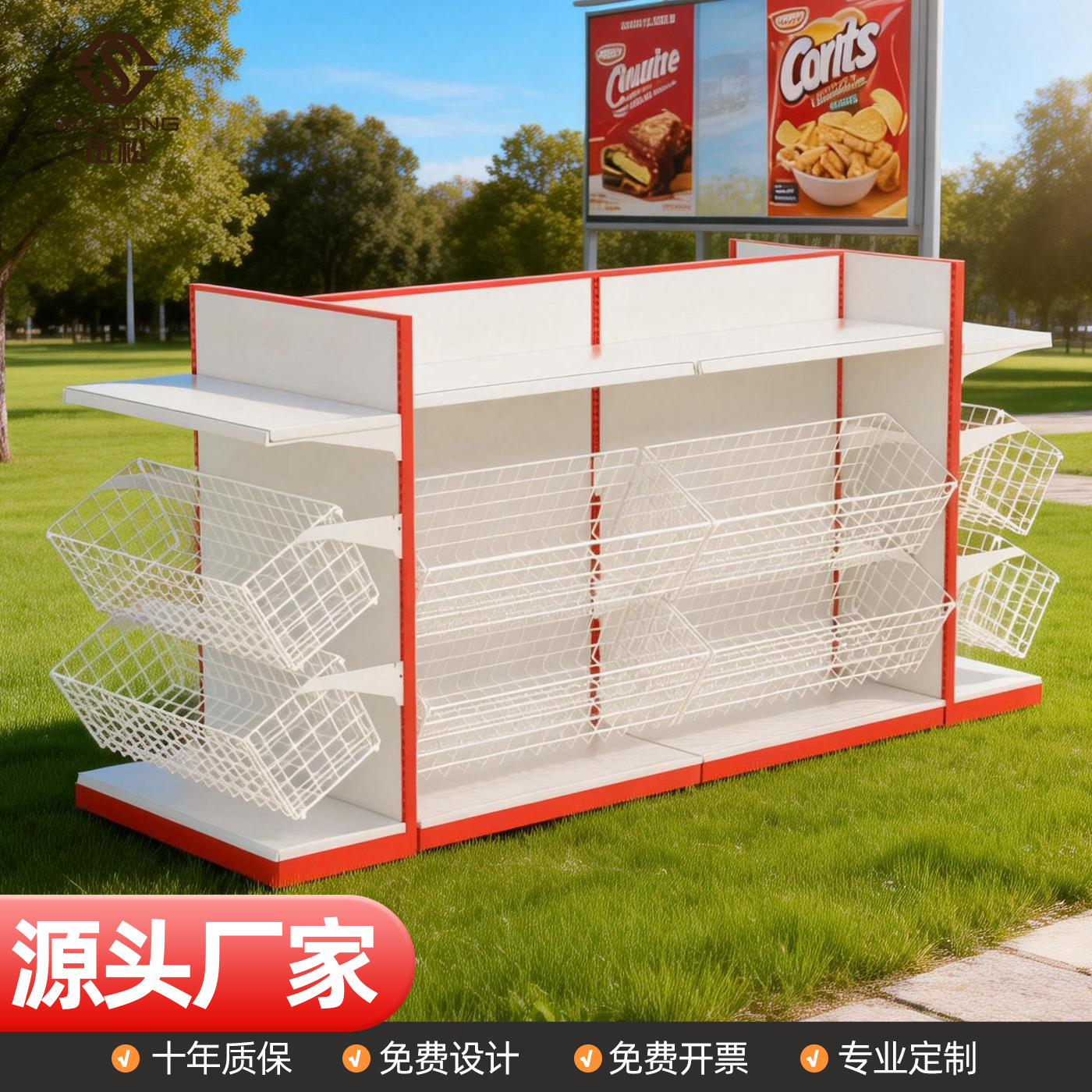 Estantes de supermercado tienda de conveniencia cestas colgantes jaula apilada estantes de almacenamiento Nieve Ice City cestas inclinadas caja ciega alrededor de la pantalla de canasta de bocadillos
