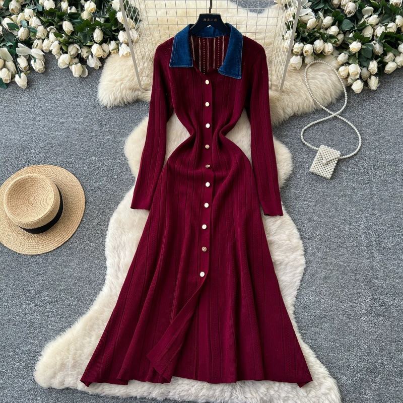 Denim Patchwork Lapel Knit Long Dress for Women, Elastic Long-Sleeve Ankle-Length Maxi Dress, Fashionable Dress Denim Patchwork Lapel Knit Long Dress for Women, Elastic Long-Sleeve Ankle-Length Maxi Dress, Fashionable Dress