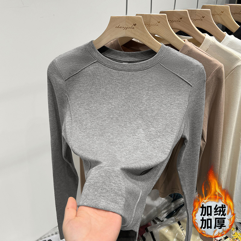 奶白灰弧形下摆早秋长袖不规则外穿打底衫t恤女纯欲修身圆领内搭|undefined