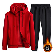 纯棉加绒加厚休闲开衫套装男秋冬新款加绒连帽卫衣套装束脚运动裤