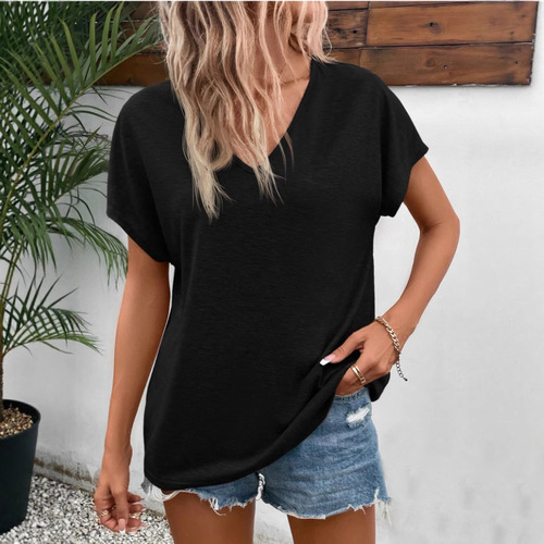 European and American independent online store women's short-sleeved T-shirt, V-neck casual top, thin, elegant, commuter style.
