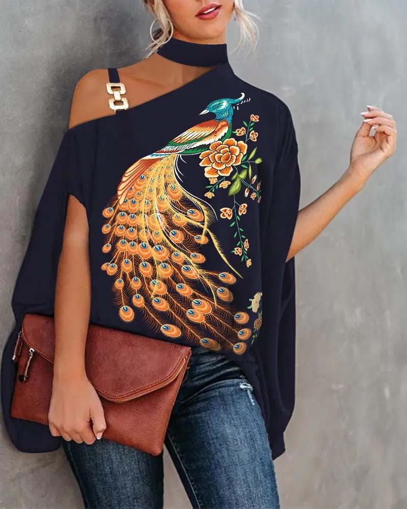 2022 estación independiente deseo Amazon popular verano Halter Batwing manga camisa impresa camisa de las mujeres ropa de mujer