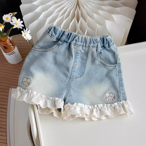 Summer Floral Edge Heat Shorts 2024 New Korean Style Cartoon Rabbit Embroidery Earbud Edge Stretch Denim Shorts