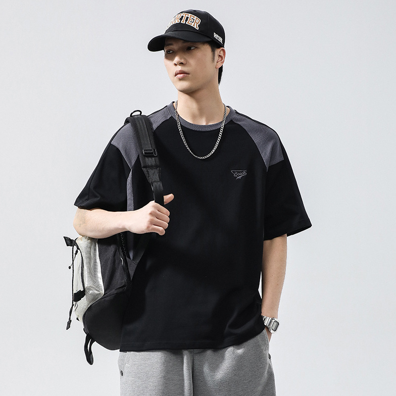 Men's summer new product splicing round neck short sleeved T-shirt men's loose color matching top_voghion.com