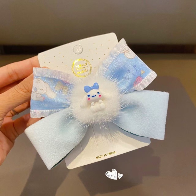 新款卡通可爱貂毛网纱蝴蝶结女童边夹顶夹糖果色儿童公主毛呢发饰|undefined