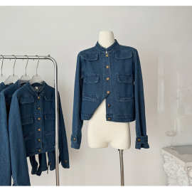 “牛仔也老钱”中古立领正肩金扣口袋丹宁牛仔外套上衣女秋