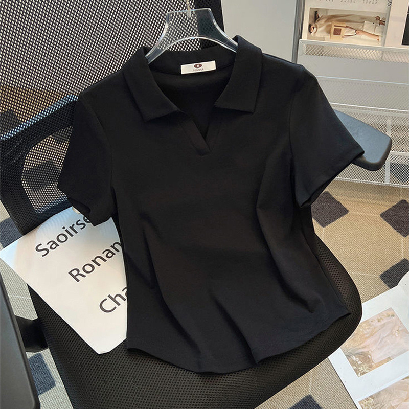 ポロラペル半袖 Tシャツ女性のための 2025 新しい夏ファット mm 右肩カバー腹痩身カーブヘムトップスシャツ|undefined