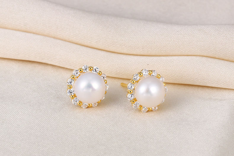 Geometric Pattern 1 Pair 925 Sterling Silver Pearl Geometric Ear Studs