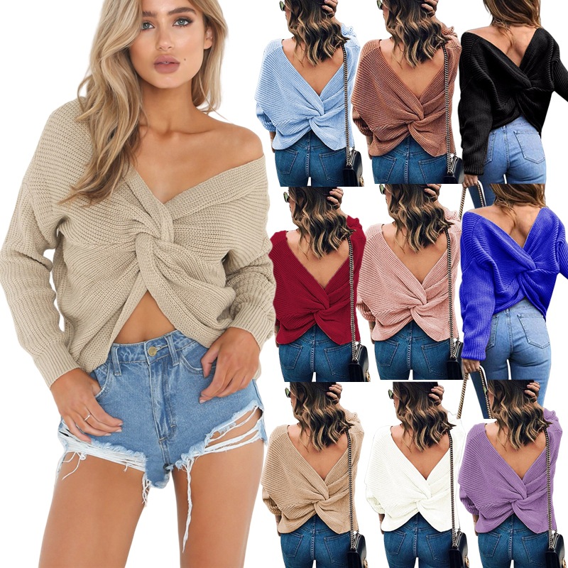 Foreign Trade 2025 Autumn and Winter European and American Long-Sleeved Knotted Navel-Baring Knitted Sweaters Independent Station Amazon Cross-Border Pure Color Women's Clothing