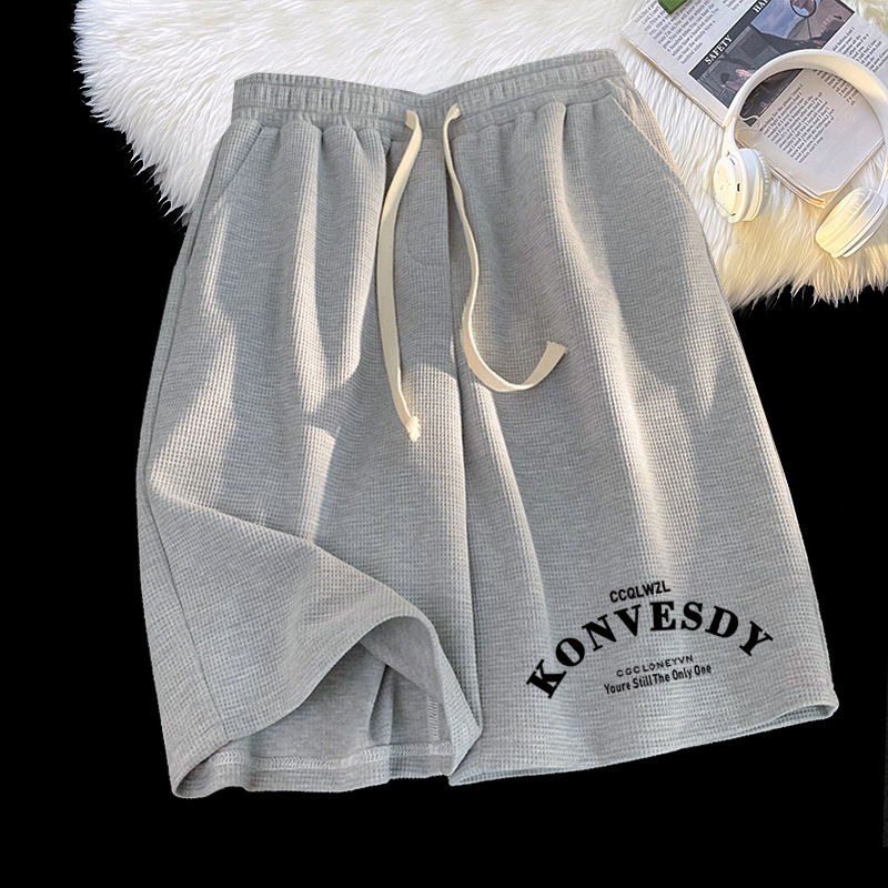 [Venta al por mayor] pantalones cortos de waffle de verano Pantalones cortos rectos sueltos ocasionales de los hombres pantalones cortos de marca de moda de las mujeres
