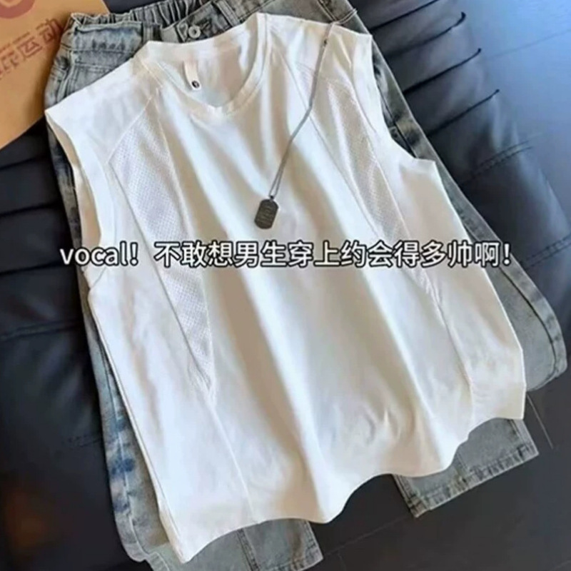American-Style Mesh Patchwork Breathable Quick-Dry Small-Neck Vest Summer Men's Sports Sleeveless T-Shirt